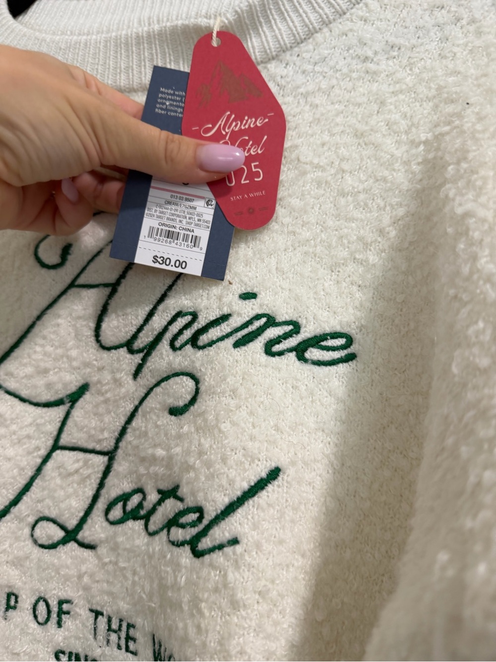 NWT Cozy Alpine Hotel Cream Pullover Sweater with Green Script - Picture 3 of 5